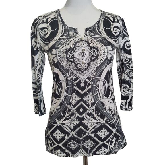 Style & Co petite embellished scroll shirt bling Henley 3/4 sleeve Small PS - Picture 1 of 8